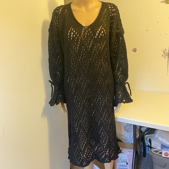 Helen Welsh Swim Cover Up Midi Dress L Black Open Knit Mohair Wool Gothic Grudge - Picture 7 of 10